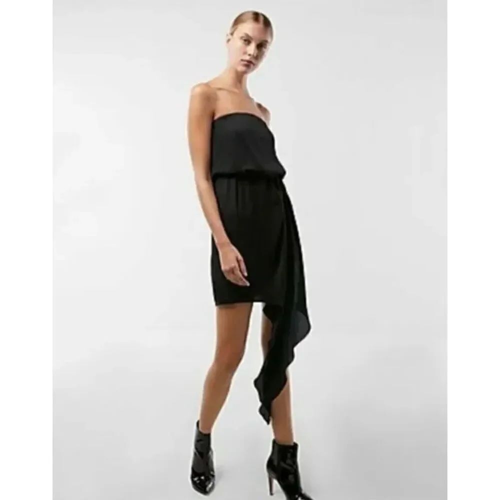 BCBGeneration Asymmetrical Hem Strapless Draped Bodice Feminine Black Dress M